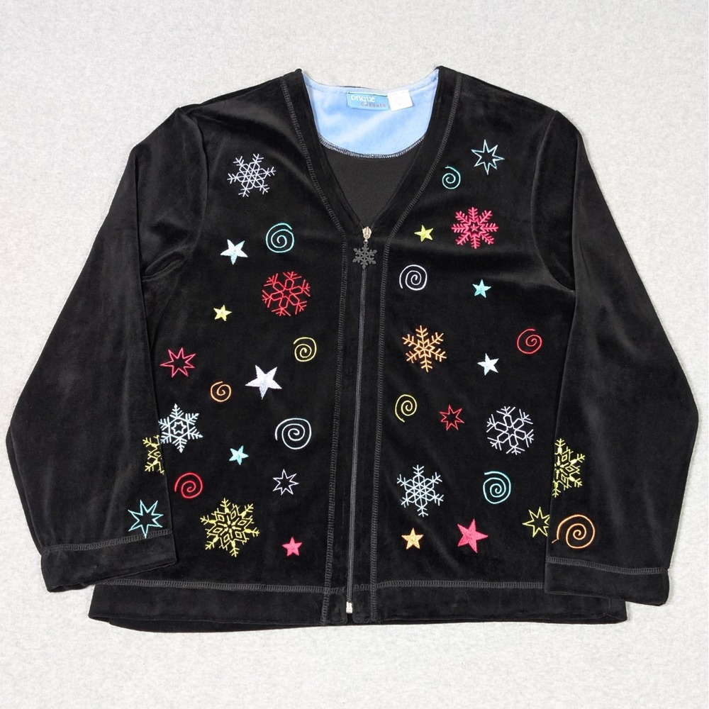Onque Casuals Velvet Embroidered Snowflakes Jacket Womens Large Full Zip Winter
